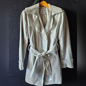 CHICO’S Leather Trench Coat Size 0 Or 4/6 Silver  Shimmer Belted